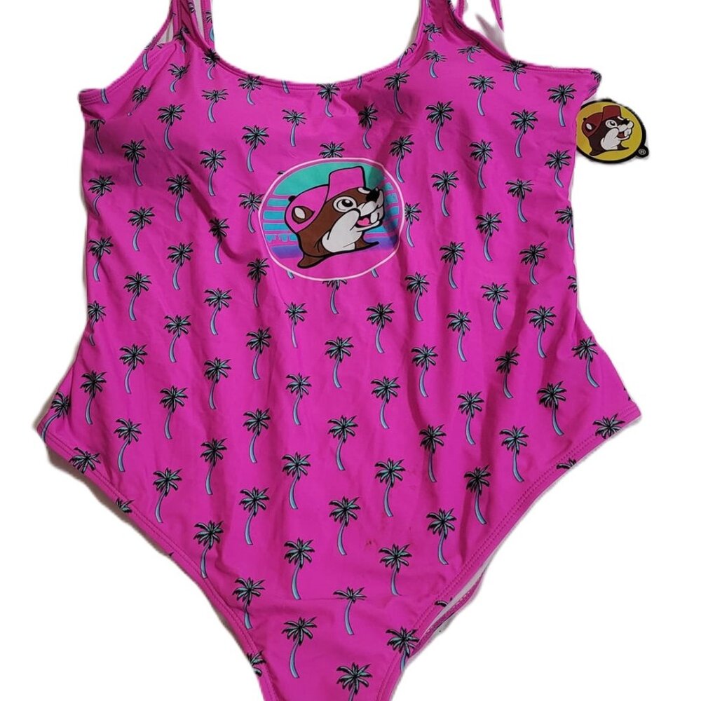 Buc-ees Women's XL Pink Aqua Palm Trees One Piece Swimsuit Bathing Suit Bucees